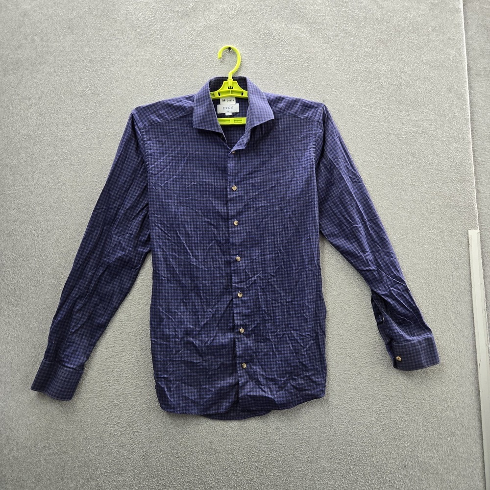 Eton Men Button Up Shirt 16 41 Blue Plaid Gingham Slim Long Sleeve
